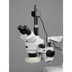 AmScope SM-4TZ-80AM-5M Digital Professional Trinocular Stereo Zoom Microscope, WH10x Eyepieces, 3.5X-90X Magnification, 0.7X-4.5X Zoom Objective, Eight-Zone LED Ring Light, Double-Arm Boom Stand, 110V-240V, Includes 0.5X and 2.0X Barlow Lenses and 5MP Cam