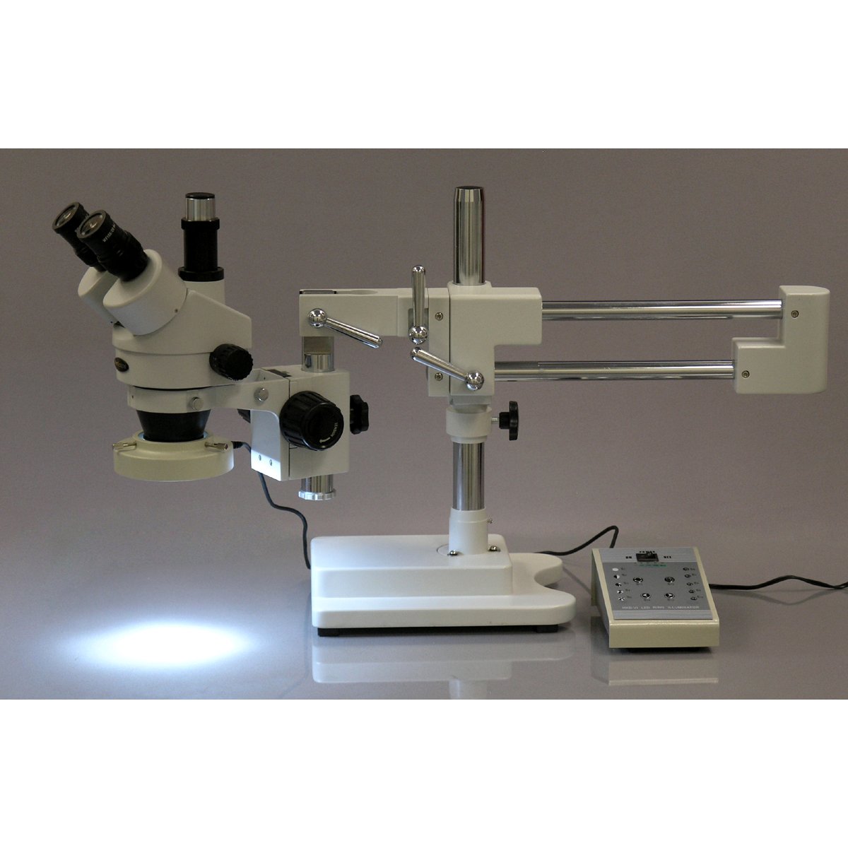 AmScope SM-4TZ-80AM-5M Digital Professional Trinocular Stereo Zoom Microscope, WH10x Eyepieces, 3.5X-90X Magnification, 0.7X-4.5X Zoom Objective, Eight-Zone LED Ring Light, Double-Arm Boom Stand, 110V-240V, Includes 0.5X and 2.0X Barlow Lenses and 5MP Cam