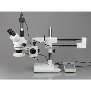 AmScope SM-4TZ-80AM-5M Digital Professional Trinocular Stereo Zoom Microscope, WH10x Eyepieces, 3.5X-90X Magnification, 0.7X-4.5X Zoom Objective, Eight-Zone LED Ring Light, Double-Arm Boom Stand, 110V-240V, Includes 0.5X and 2.0X Barlow Lenses and 5MP Cam