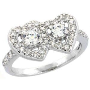 sterling silver vintage style cubic zirconia double heart halo ring 3/8 inch wide, size 9