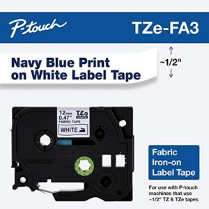 Brother Genuine P-Touch TZE-FA3 Tape, 1/2" (0.47") Wide Fabric Iron-On Tape, Navy Blue on White, Can be Ironed onto Virtually Any Cotton Item, 0.47" x 9.8' (12mm x 3M), Single-Pack, TZEFA3