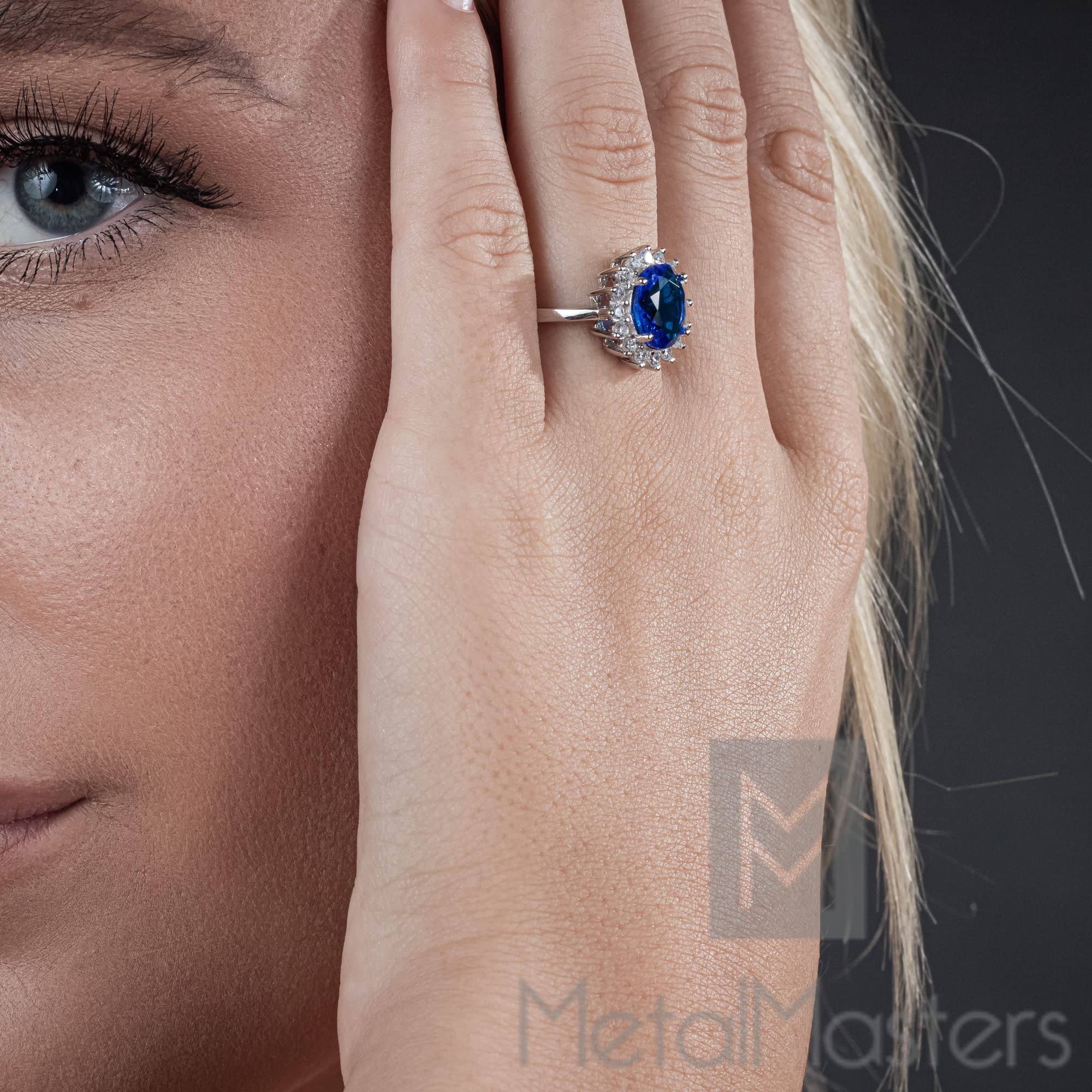 Metal Masters Solid Sterling Silver Kate Middleton's Engagement Ring with Simulated Sapphire Blue Color Cubic Zirconia 7