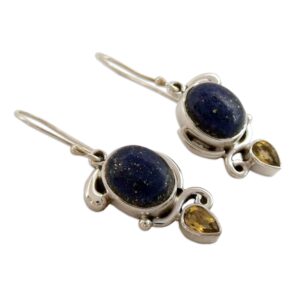 NOVICA Artisan Handmade Lapis Citrine Dangle Earrings Indian with .925 Sterling Silver Lazuli Blue Yellow Royal Reflecting Pond Birthstone 'Royal Charm'