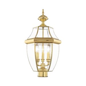 Livex Lighting Lantern 2354-02 Monterey 3 Light Outdoor Polished Brass Finish Solid Brass Post Head with Clear Beveled Glass, 17" x 9" x 11"