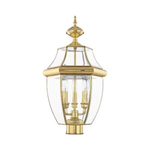 Livex Lighting Lantern 2354-02 Monterey 3 Light Outdoor Polished Brass Finish Solid Brass Post Head with Clear Beveled Glass, 17" x 9" x 11"