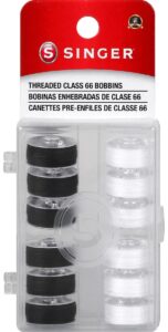 singer 30027 class 66 threaded bobbins, transparent, black & white, 12-count,