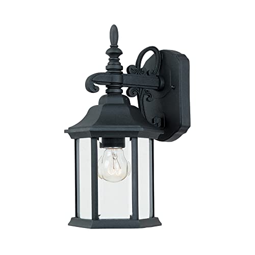 DESIGNERS FOUNTAIN Devonshire Outdoor Light Fixture, 14 Inch Exterior Wall Mount Lantern Sconce, Clear Glass Porch Lights for Front Door, Patio, and House Garage, Black, 2961-BK