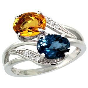 14k white gold diamond natural london blue topaz & citrine 2-stone ring oval 8x6mm, size 6.5