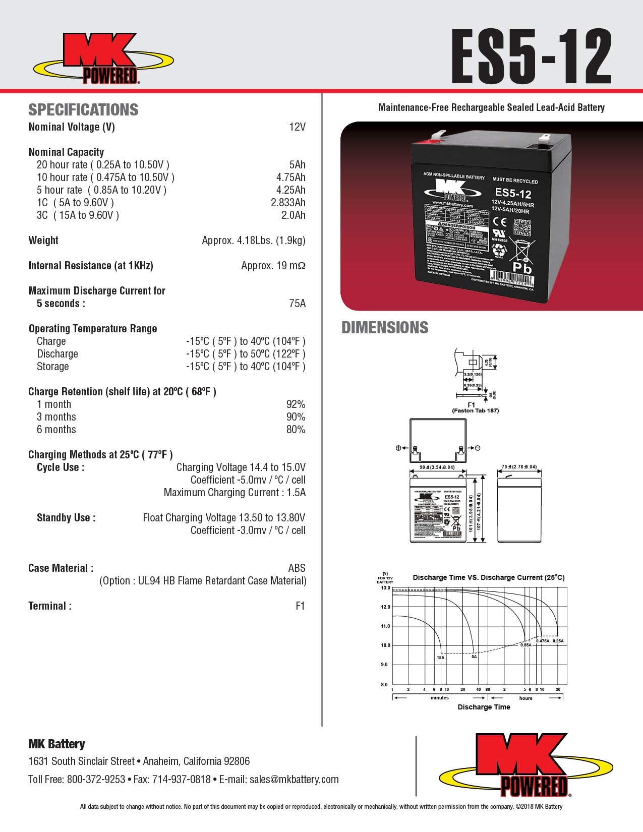 MK Battery ES5-12 Maintenance-Free Rechargeable Sealed Lead-Acid Battery