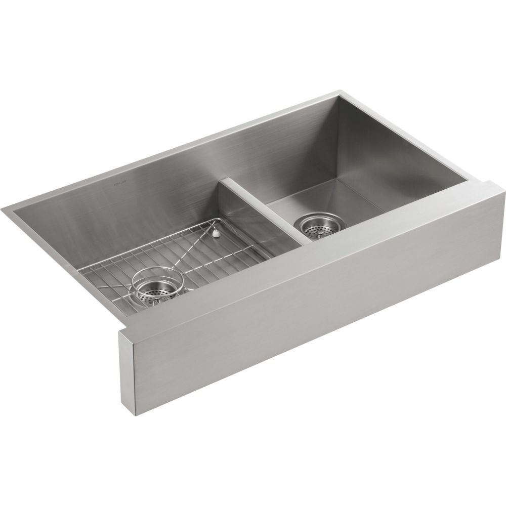 KOHLER Vault Double Bowl 18-Gauge Stainless Steel Farmhouse Apron Front Kitchen Sink , Undermount Installation K-3945-NA