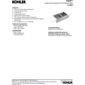 KOHLER Vault Double Bowl 18-Gauge Stainless Steel Farmhouse Apron Front Kitchen Sink , Undermount Installation K-3945-NA