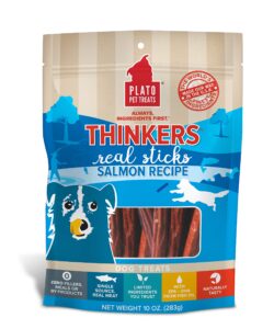 plato pet treats air dried dog treats salmon thinkers sticks, natural dog treats, real meat, air dried, made in the usa, 10oz