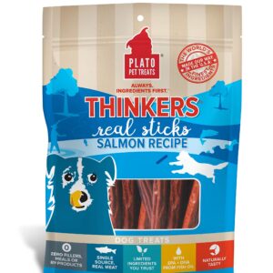 Plato Pet Treats Air Dried Dog Treats Salmon Thinkers Sticks, Natural Dog Treats, Real Meat, Air Dried, Made in the USA, 10oz