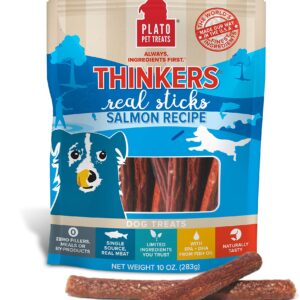 Plato Pet Treats Air Dried Dog Treats Salmon Thinkers Sticks, Natural Dog Treats, Real Meat, Air Dried, Made in the USA, 10oz