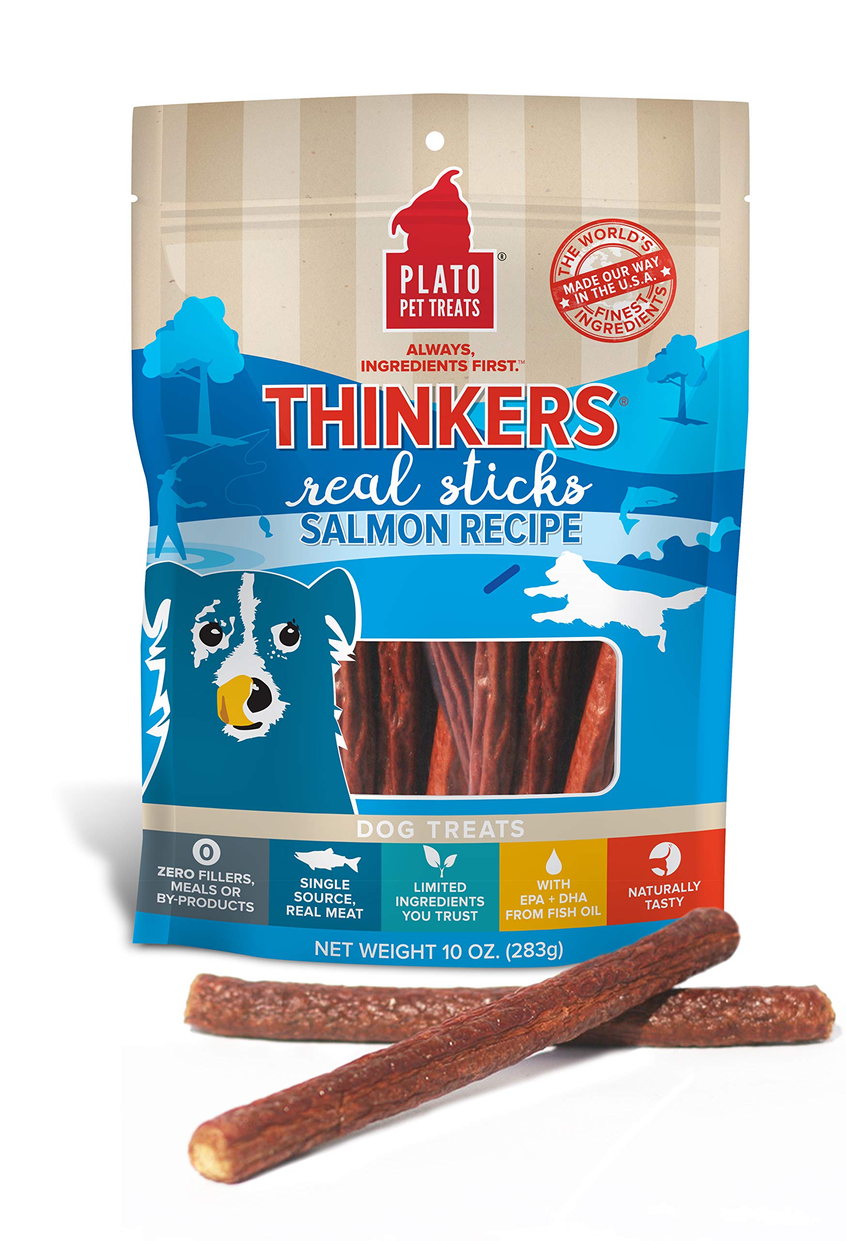 Plato Pet Treats Air Dried Dog Treats Salmon Thinkers Sticks, Natural Dog Treats, Real Meat, Air Dried, Made in the USA, 10oz