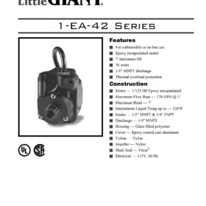 Little Giant 1-EA-42 115 Volt, 1/125 HP, 170 GPH Dual Purpose - Inline or Submersible, Small Epoxy-Encapsulated Pump with 10 ft. Cord, Black, 518087