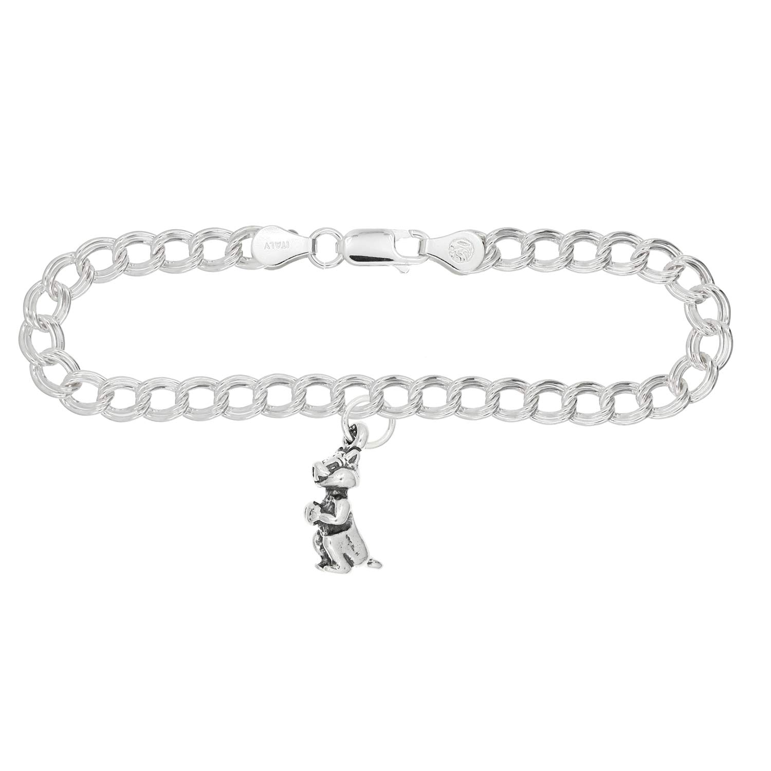 LGU Sterling Silver Chipmunk Holding Nut on 4mm Charm Bracelet (7 Inches)