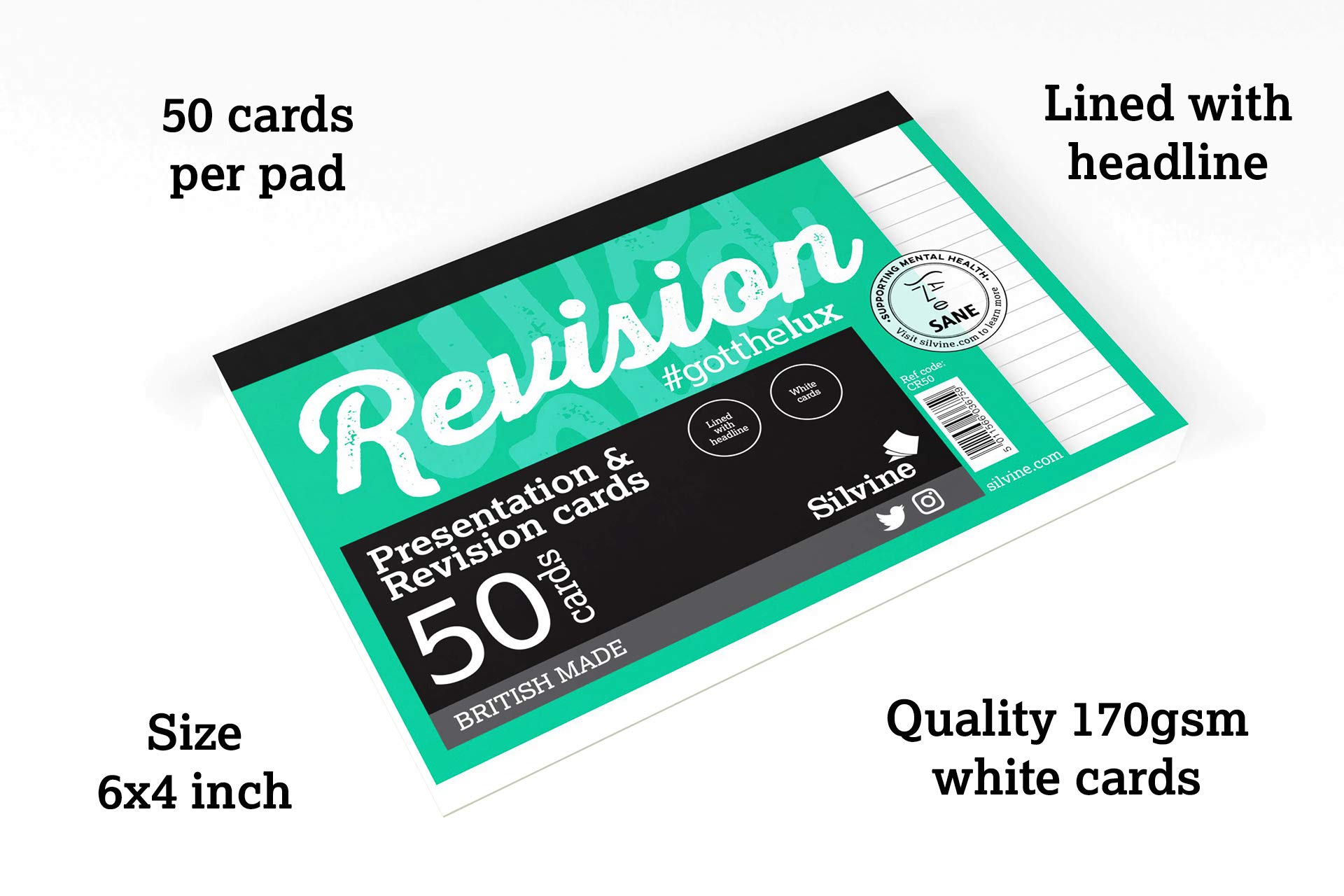 Silvine Luxpad 6x4" Gluebound Revision & Presentation Cards - White. 50 Cards Per Pad, Lined with Headline.