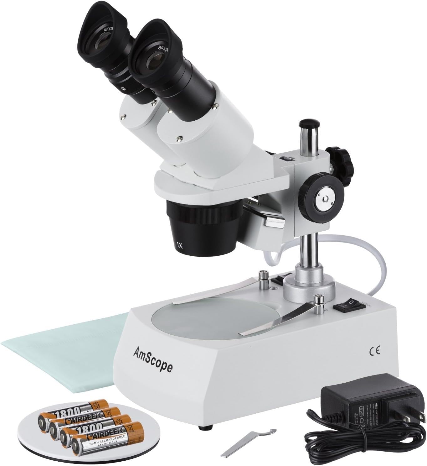 AmScope SE305R-P-LED Forward-Mounted Binocular Stereo Microscope, WF10x Eyepieces, 10X and 30X Magnification, 1X and 3X Objectives, Upper and Lower LED Lighting, Reversible Black/White Stage Plate, Pillar Stand, 120V or Battery-Powered