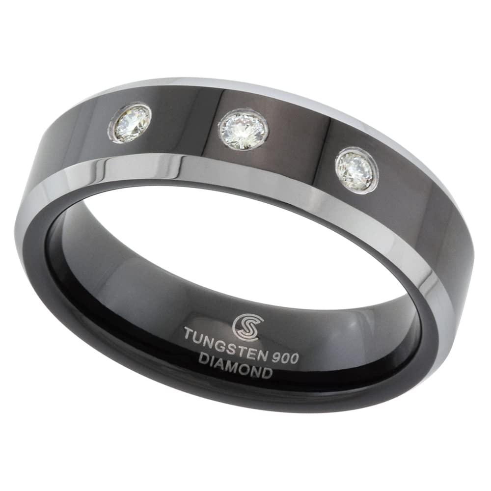 6mm Black Tungsten 3 Stone Diamond Wedding Ring Two-tone Beveled Edges Comfort fit, size 6.5