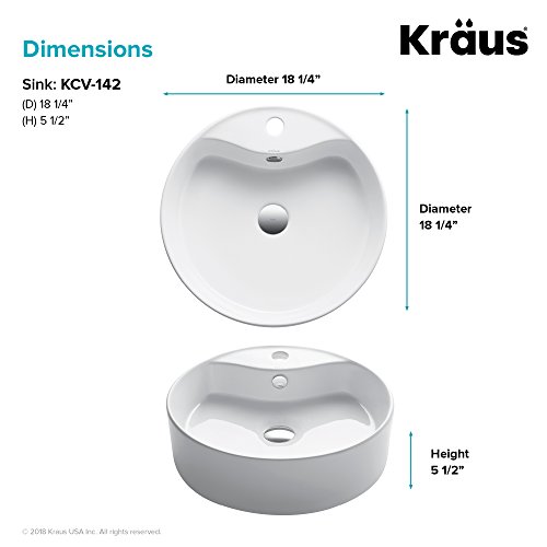 KRAUS KCV-142 Elavo Round Vessel Porcelain Ceramic Bathroom Sink 18 Inch in White with Overflow