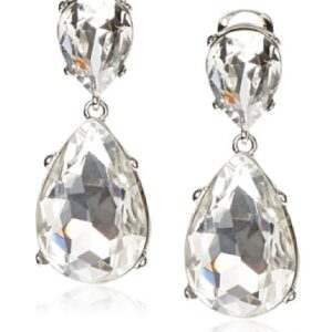 Kenneth Jay Lane Double Teardrop or Rectangle Crystal Drop Clip Earrings in Gold or Silver Settings (Silver Teardrop)