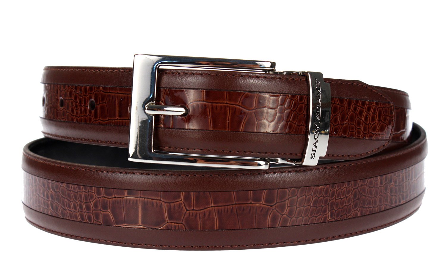 Stacy Adams 6-203 Smooth Grain Leather with Croco Embossed Center Detail Mens Adjustable Belt, Polished Nickel Buckle (Cognac)