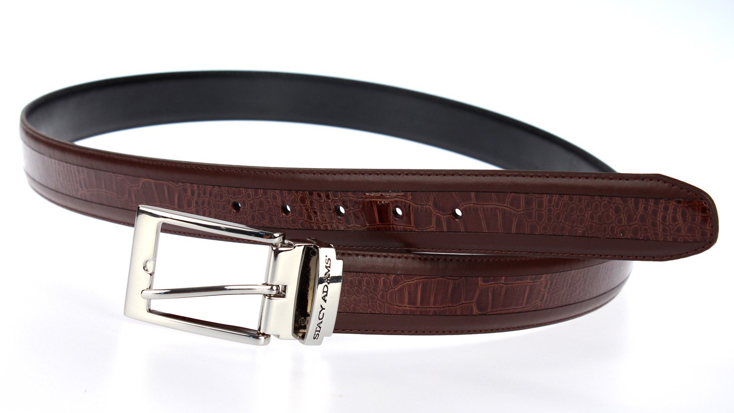 Stacy Adams 6-203 Smooth Grain Leather with Croco Embossed Center Detail Mens Adjustable Belt, Polished Nickel Buckle (Cognac)