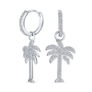 Hawaiian Nautical Pave CZ Cubic Zirconia Huggie Mini Hoop Dangle Charm Palm Tree Earrings For Women Teen .925 Sterling Silver