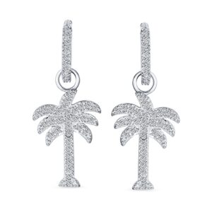 Hawaiian Nautical Pave CZ Cubic Zirconia Huggie Mini Hoop Dangle Charm Palm Tree Earrings For Women Teen .925 Sterling Silver