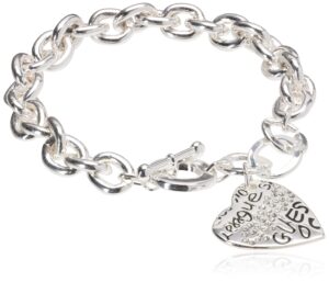 guess "basic" silver and crystal graffiti heart toggle charm bracelet