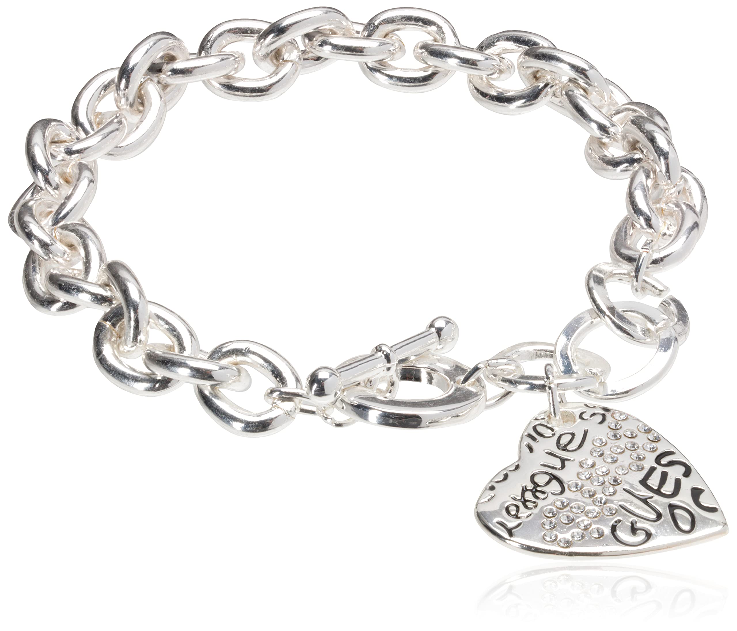 GUESS "Basic" Silver and Crystal Graffiti Heart Toggle Charm Bracelet