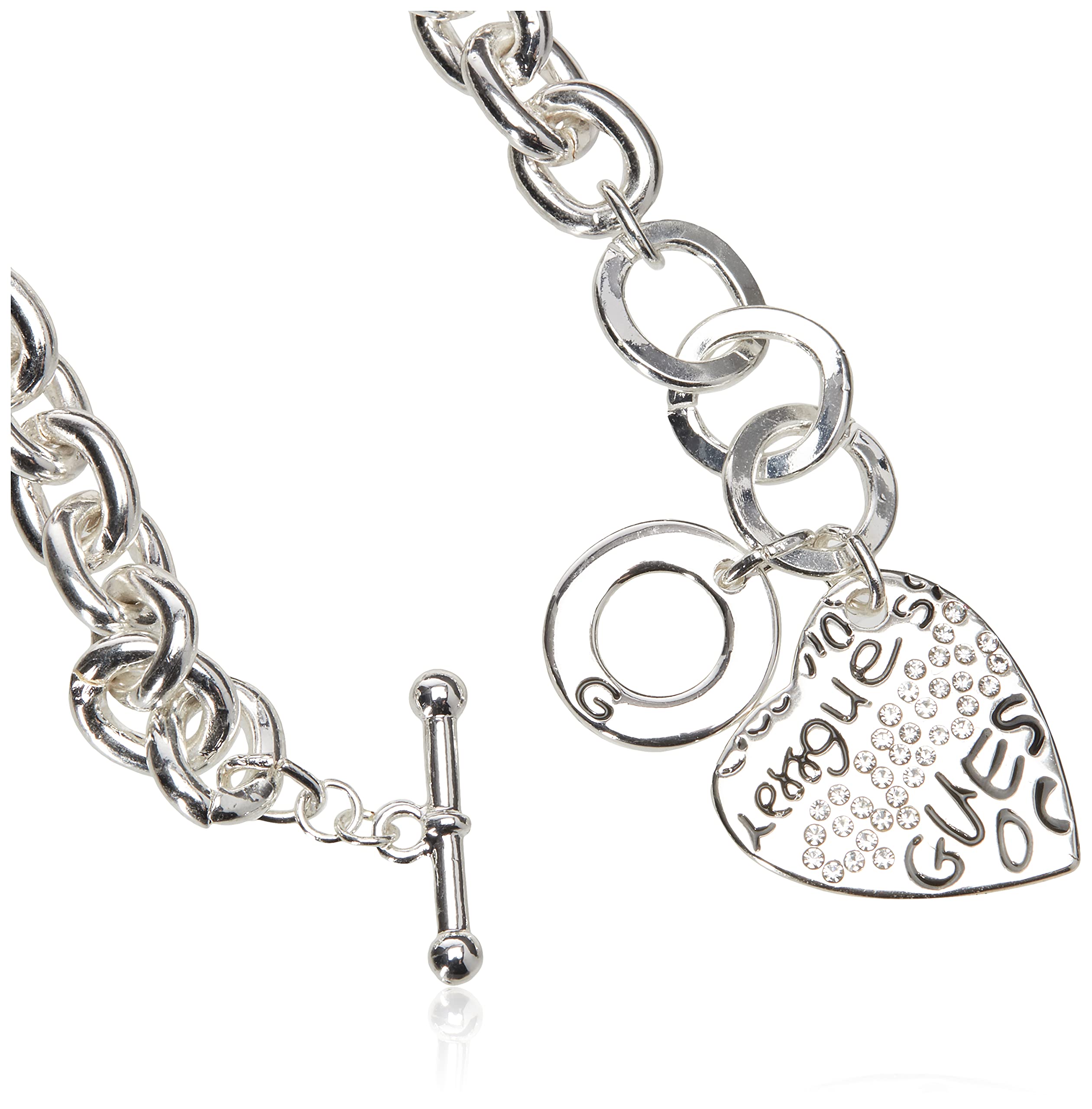 GUESS "Basic" Silver and Crystal Graffiti Heart Toggle Charm Bracelet