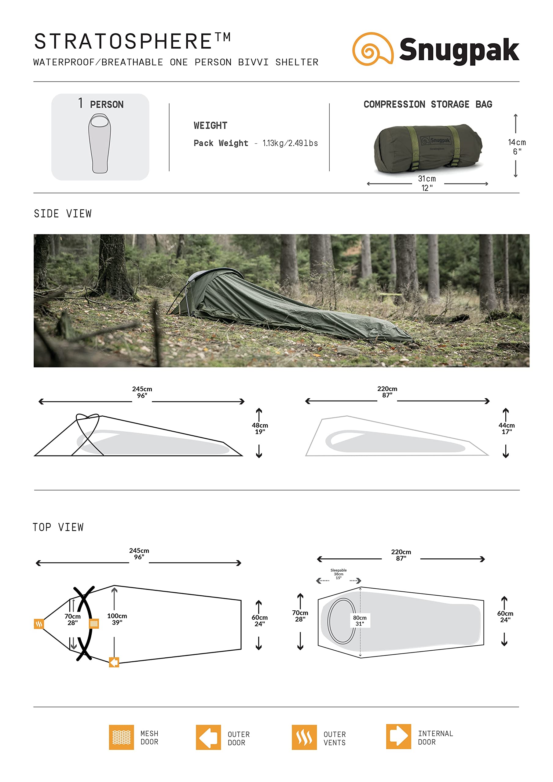 Snugpak Stratosphere 1 Person Bivvi Tent, Waterproof, Olive