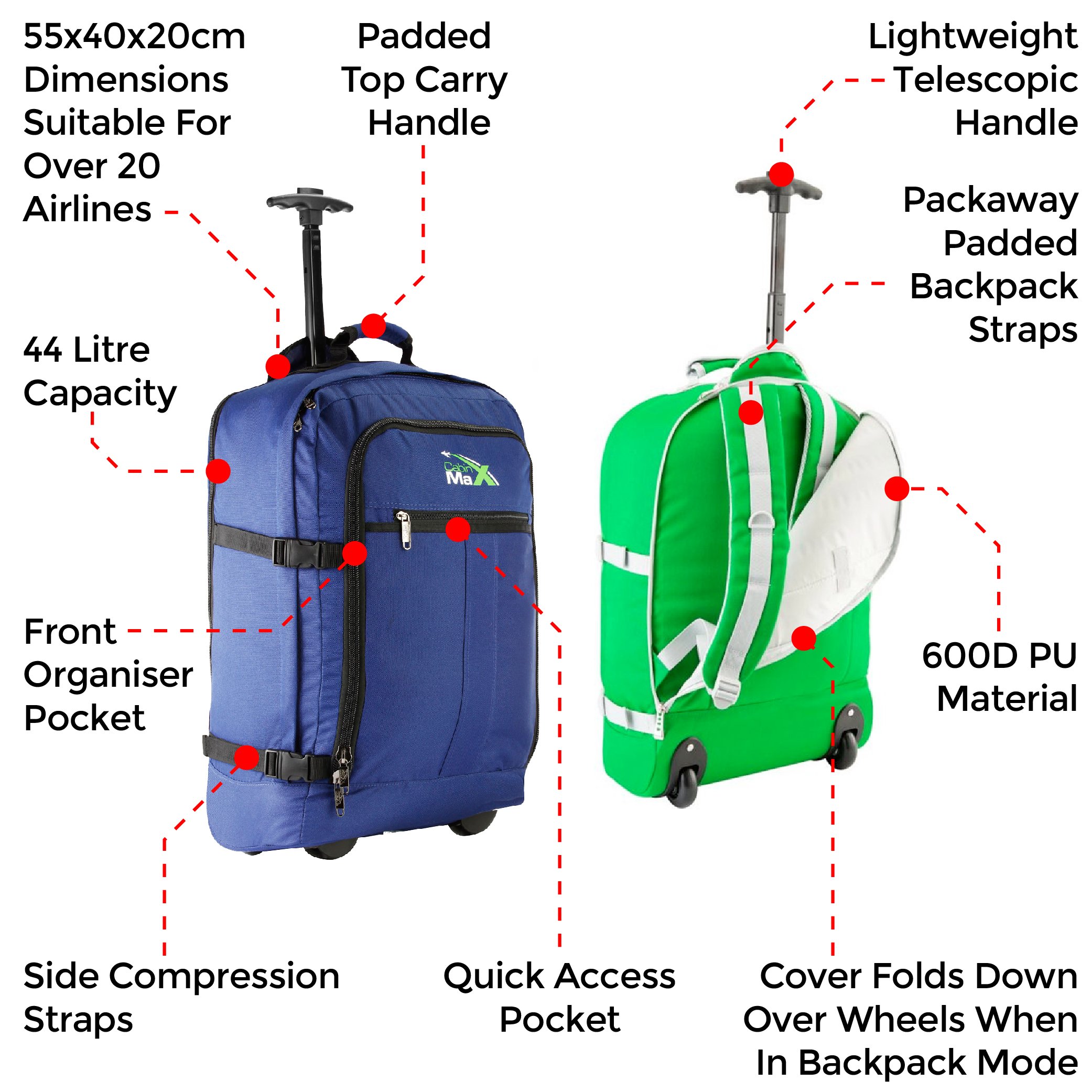 Cabin Max Lyon Flight Approved Bag Wheeled Hand Luggage - Carry on Trolley Backpack 44L 55x40x20cm (22x16x8)