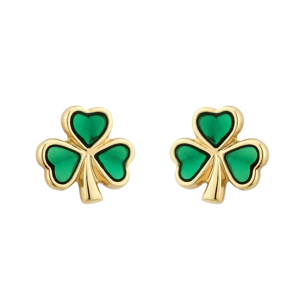 Solvar Shamrock Earrings Studs Medium Gold Plated & Enamel Made in Ireland by