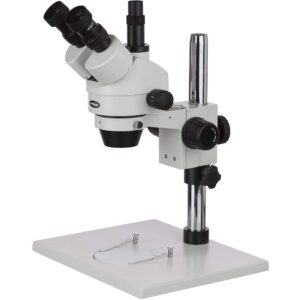 amscope sm-1tz professional trinocular stereo zoom microscope, wh10x eyepieces, 3.5x-90x magnification, 0.7x-4.5x zoom objective, ambient lighting, large pillar-style table stand, includes 0.5x and 2.0x barlow lenses