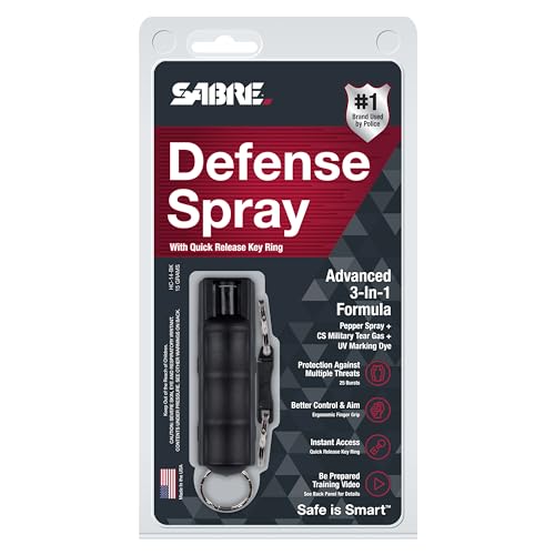 SABRE Defense Spray, 3-in-1 Formula Contains Max Strength Pepper Spray, CS Military Tear Gas & UV Marking Dye, Quick Release Key Ring for Easy Carry, Finger Grip for More Accurate Aim, 0.54 fl oz