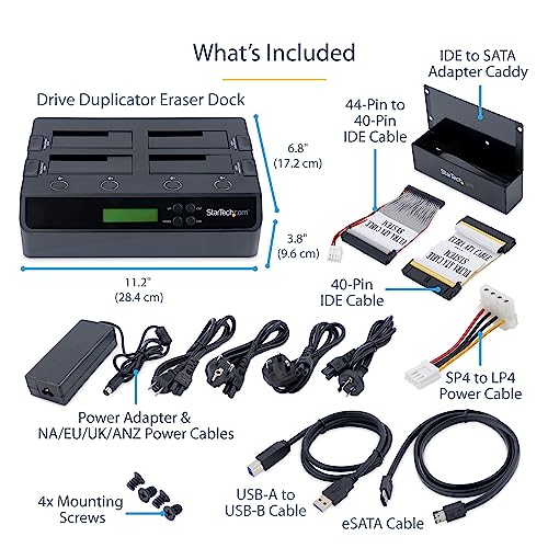 StarTech.com 4-Bay Hard Drive Duplicator and Eraser, External Standalone 1:3 HDD/SSD Cloner/Copier, USB 3.0 / eSATA to SATA Docking Station, Hard Disk Copier / Sanitizer / Wiper Tool (SATDOCK4U3RE)