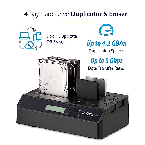 StarTech.com 4-Bay Hard Drive Duplicator and Eraser, External Standalone 1:3 HDD/SSD Cloner/Copier, USB 3.0 / eSATA to SATA Docking Station, Hard Disk Copier / Sanitizer / Wiper Tool (SATDOCK4U3RE)