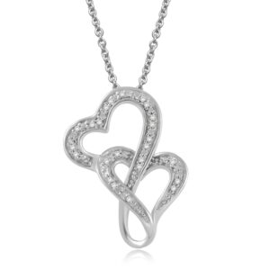 Jewelili Double Heart Necklace Pendant with Natural White Round Diamonds in Sterling Silver 18 inch Rolo Chain