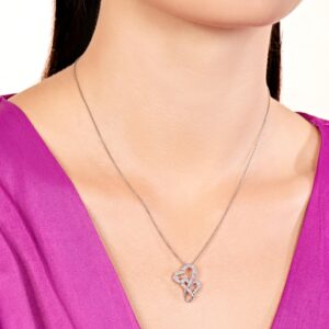 Jewelili Double Heart Necklace Pendant with Natural White Round Diamonds in Sterling Silver 18 inch Rolo Chain