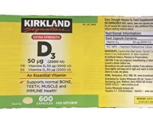 Kirkland Maximum Strength Vitamin D3 600 Softgels (Pack of 2)