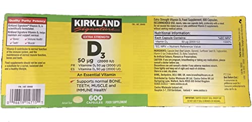 Kirkland Maximum Strength Vitamin D3 600 Softgels (Pack of 2)