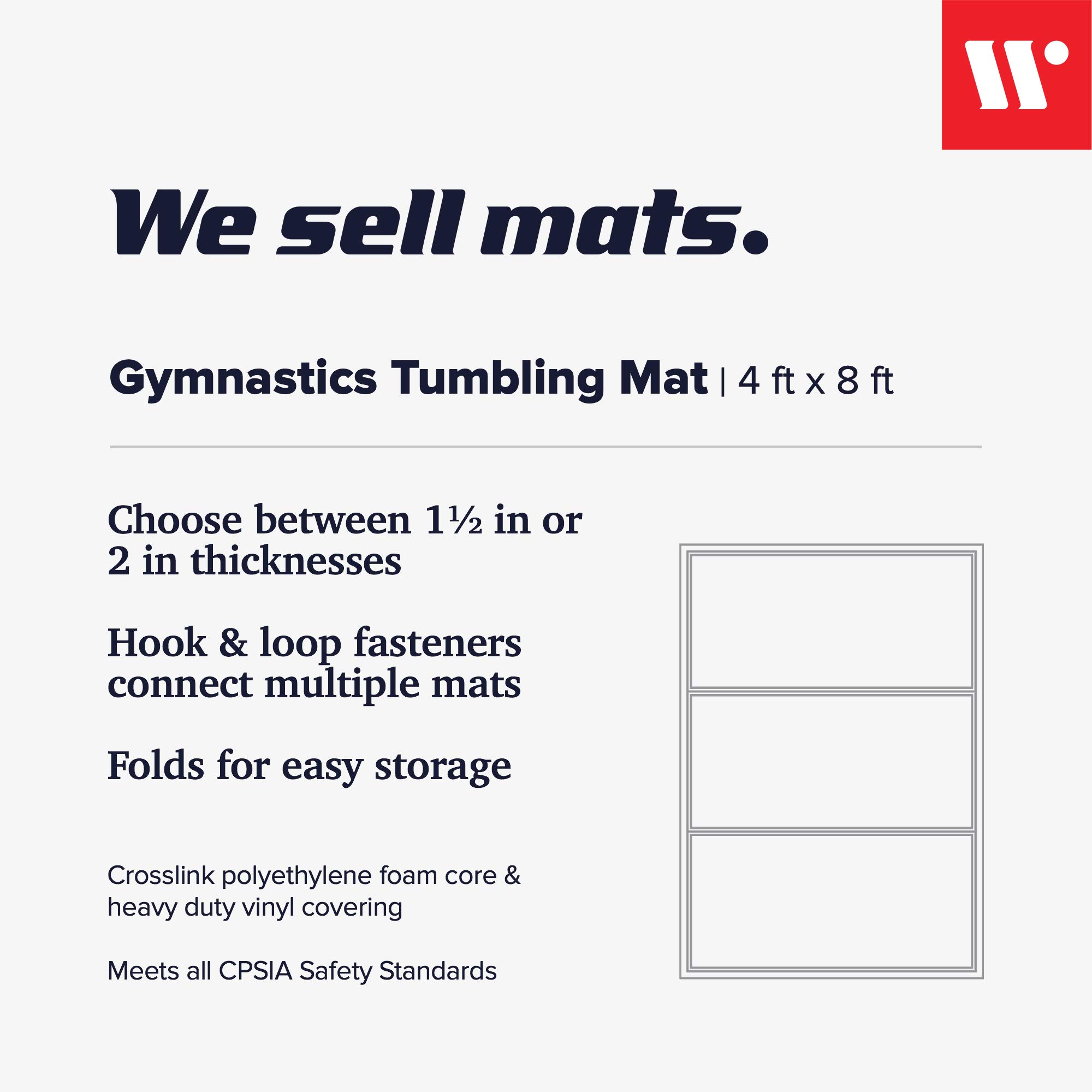 We Sell Mats 4 ft x 8 ft x 2 in Gymnastics Mat, Folding Tumbling Mat, Portable with Hook & Loop Fasteners, Black