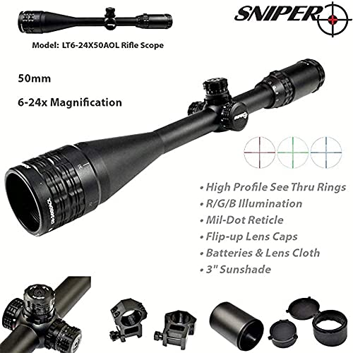 FSI Sniper 6-24x50mm Scope W Front AO Adjustment. Red/Blue/Green mil-dot Reticle. Comes with Heavy Duty Ring Mount (6-24X50)