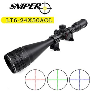 FSI Sniper 6-24x50mm Scope W Front AO Adjustment. Red/Blue/Green mil-dot Reticle. Comes with Heavy Duty Ring Mount (6-24X50)