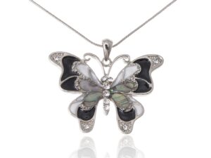 alilang silvery tone abalone colored stones black white butterfly pendant necklace