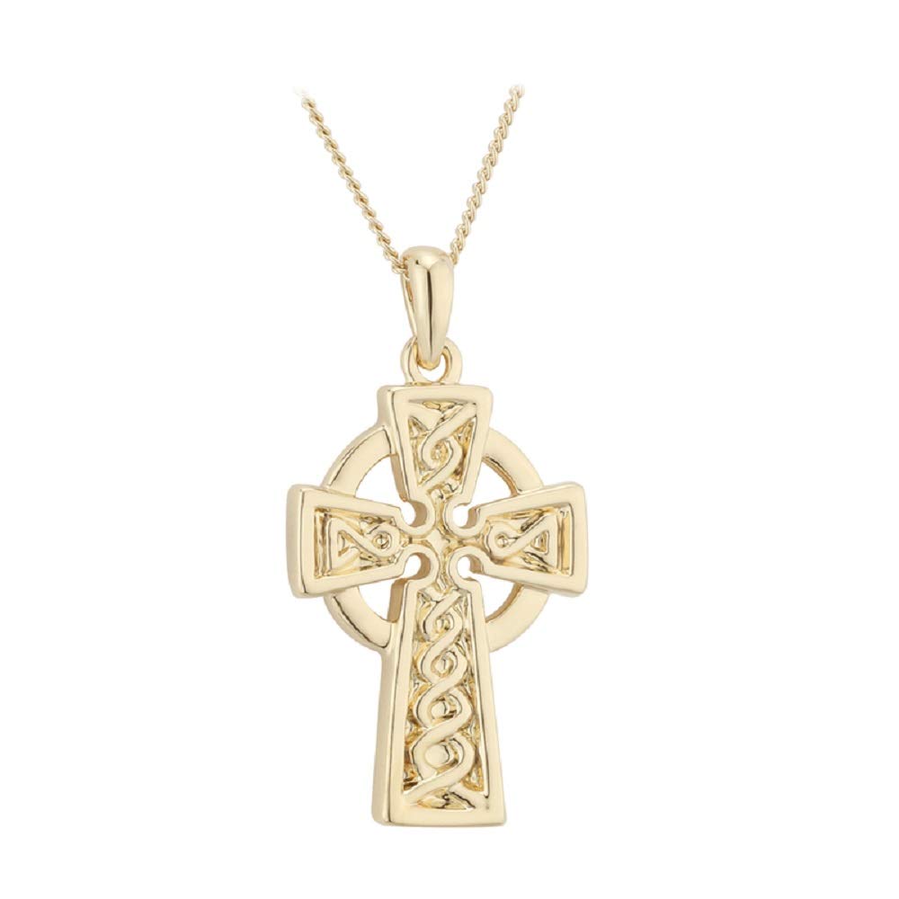 Tara Celtic Cross Necklace Engraved Weaving Gold Plating 18” Chain Irish Made Jewelry