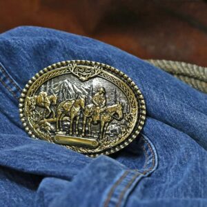 Montana Silversmiths Southwest Collection Attitude Western Belt Buckle (Pack Horses and Rider Two Tone silver/gold)